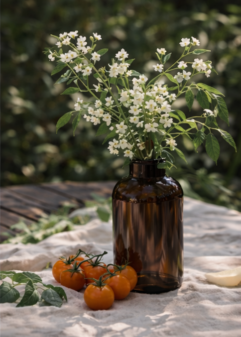 Brown bottle with white flowers and small tomatoes on a stone surface with greenery in the background